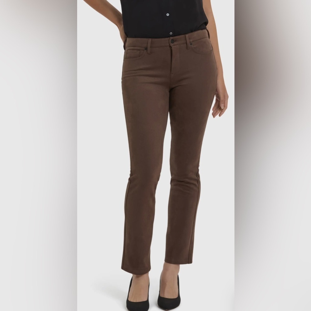 NEW NYDJ Sheri Slim Faux Suede Brown High Waist Pants Size 14